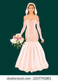 Young bride in long shear gown with veil and wedding bouquet in hand. Beautiful woman in ceremonial white dress, full-length.