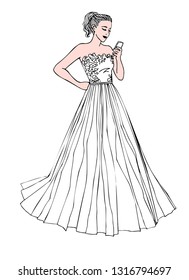 Young bride looks at the mobile phone. Pretty girl in a wedding dress. Hand drawn line sketch on white background. Vector illustration