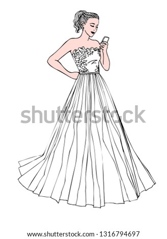 Young bride looks at the mobile phone. Pretty girl in a wedding dress. Hand drawn line sketch on white background. Vector illustration