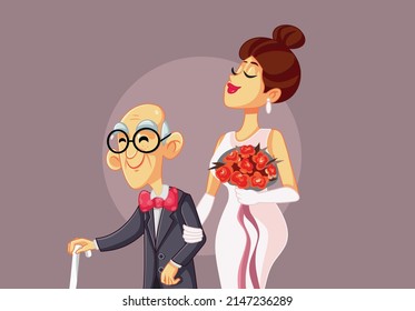 
Young Bride Marrying Elderly Man Vector Cartoon Illustration. Father Walking Her Daughter Down The Aisle In Traditional Wedding Ceremony
