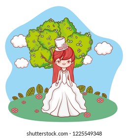 young bride outdoors landscape cartoon