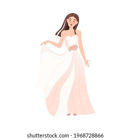 Young Bride in White Wedding Dress Standing as Newlywed or Just Married Female Vector Illustration