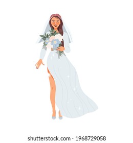 Young Bride in White Wedding Dress Holding Bouquet as Newlywed or Just Married Female Vector Illustration