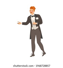 Young Bridegroom as Newlywed or Just Married Male in Tuxedo Reaching Out Hand Vector Illustration