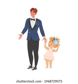 Young Bridegroom as Newlywed or Just Married Male in Suit Standing with Cute Kid Vector Illustration