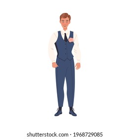 Young Bridegroom as Newlywed or Just Married Male Standing in Suit with Buttonhole Vector Illustration