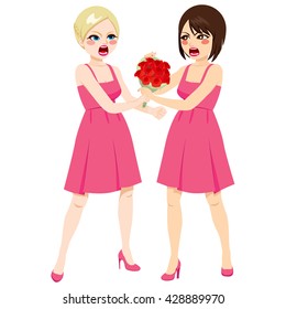 Young bridesmaid women fighting for roses bouquet