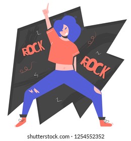 Young bright character. The girl listens to rock music, happily dancing, active hand gesture, dynamic posture. Vector flat style drawing.