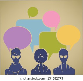 Young and bright, vector commercial background with fashionable people silhouettes and colorful speech bubbles