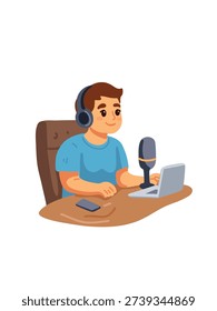 young broadcaster talking into professional microphone vector clipart