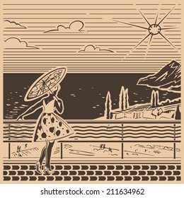 Young bronzed girl in a light summer dress with parasol in her hand standing on the seafront of resort town and watching the exciting view of the sea and mountains vector illustration