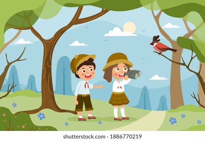 A young brother and sister explore a forest looking at the birds wth binoculars during summer vacation, colored cartoon vector illustration