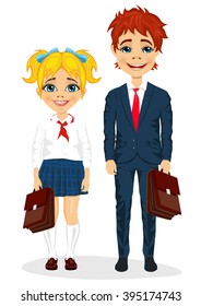 young brother and sister with suitcases standing together in school uniform