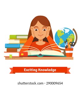 Young Brown Hair Girl Student Reading A Book Smiling Holding Hands On Cheeks. Stack Of Books, Globe And Student Supplies And Tools On The Desk. Flat Style Vector Illustration.