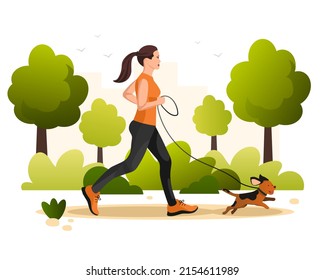 Young brown hair woman with cute dog, girl, running pet, jogging in park, nature, forest, green trees, bushes. Run, jog, active morning, day walk sportswear outside. Athlete woman. Vector illustration