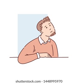 A young brown haired man in a sweater and shirt looks out of the window from behind. Rectangular blue shape on a white background, isolated vector illustration in flat cartoon style.