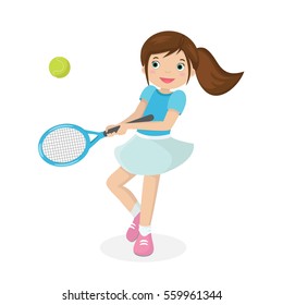 Young brown haired pretty girl in skirt playing tennis with a racket and a ball on a white background. Vector illustration in cartoon style