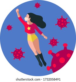 a young brown haired super hero woman flying in the sky with hand stretched  above wearing antibacterial white mask against coronavirus molecules floating in the air around her - flat vector illustration