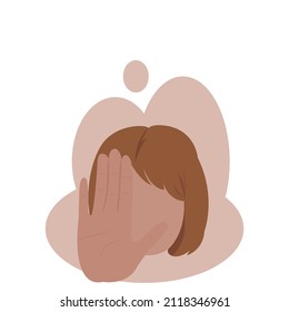 Young Brown-haired woman with short bobs, raising her left hand, making a stop sign on brown background.Young girl showing stop gesture sign with palm of the hand.Vector isolate body language concept.