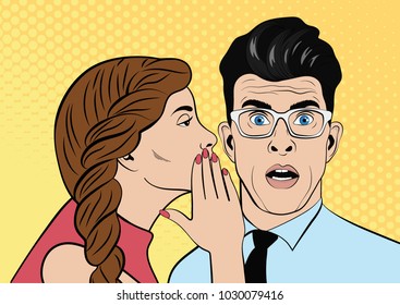 Young brown-haired woman whispering secret to man. The man is shocked. Pop Art Vector illustration. The file is organized into layers for easy editing.