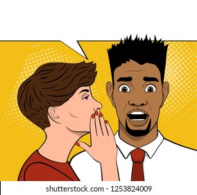 Young brown-haired woman whispering secret to African American man. Omg face. Shocked man. Pop Art Vector illustration