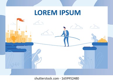 Young Brunet in Business Suit, Holding Rod for Balance in Hands, Walking on Tightrope Between Two Conceptual Mountains, from No Money at All to Profit, Recognition and Golden Champion Cup.