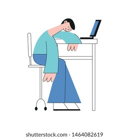 A young brunet male student, office worker or freelancer sits at a table with a laptop and sleeps, isolated flat vector illustration.