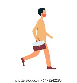 A young brunet man or guy in a suit goes in a protective mask against dust and environmental pollution. Man in a mask to protect against air pollution and fine dust, vector flat illustration.