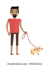 Young brunet man in red T-shirt and brown shorts walking his dog. Cartoon character, pet animal. Young man personage in flat design isolated on white background. Vector illustration.