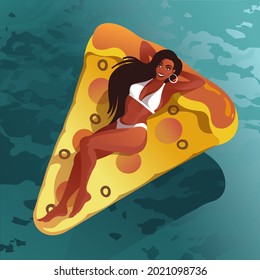 Young brunette in a bikini sunbathing on an inflatable pizza mattress in the Swimming Pool. Vector illustration for landing page mockup or flat design advertising banner.