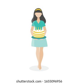 Young brunette with a birthday cake. Housewife cooks. Good mood, energy, happiness. Preparing for the party. Flat vector isolated illustration on a white background