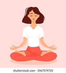 Young brunette with bob hairstyle girl sitting in lotus pose at home. Vector illustration isolated on pink background of the woman doing yoga, meditation, healthy lifestyle. Crossed legs.