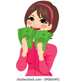 Young brunette businesswoman really excited enjoying and holding big fan of green money with both hands