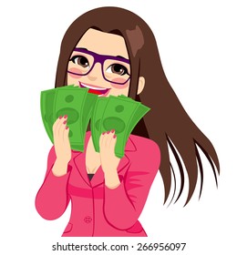 Young brunette businesswoman really happy enjoying and holding big fan of green money with both hands