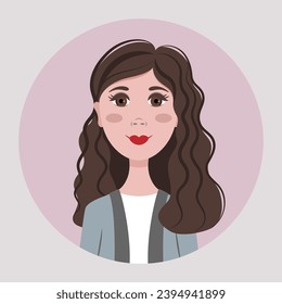 Young brunette with curly hair and dark eyes. Portrait of a woman with dark hair and brown eyes. Vector illustration.