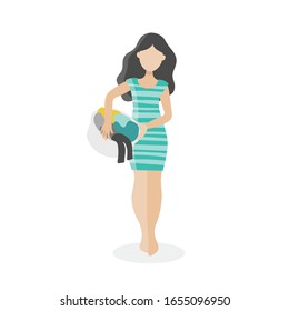 Young brunette with dirty underwear. A woman is holding a basket of clothes. Housewife washes. Cleaning,household chores, fatigue. Flat vector isolated illustration on a white background