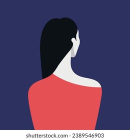 Young brunette female back view. Portrait of a woman sitting with her back to the viewer. Vector illustration