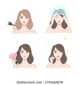 Young Brunette Girl applies hair dye. Set of hair treatment procedure.Vector illustration