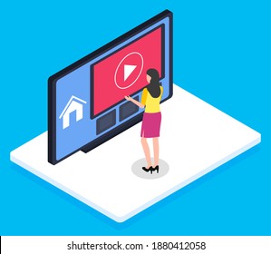 Young brunette girl, back view, standing on white platform in front of cartoony huge monitor with video player icon. You tube video broadcasting, chatting, streaming, Broadcast. E-commerce. Flat image