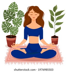 Young brunette girl in a blue tracksuit sitting in lotus pose at home surrounded by plants. Vector illustration of a room with of the woman doing yoga, meditation, healthy lifestyle. Crossed legs. 