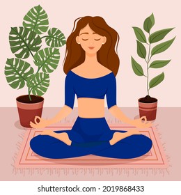 Young brunette girl in a blue tracksuit sitting in lotus pose at home surrounded by plants. Vector illustration of a room with of the woman doing yoga, meditation, healthy lifestyle. Crossed legs