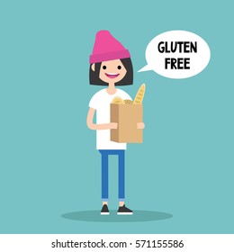 Young brunette girl holding a paper bag with gluten free bread / flat editable vector illustration, clip art
