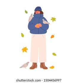 Young brunette girl in a jacket and hat feeds pigeons. Autumn leaves. Character isolated on a white background. Vector illustration in hand drawn style.