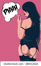 Young brunette girl in lingerie smoking a cigarette. Pop art vector illustration