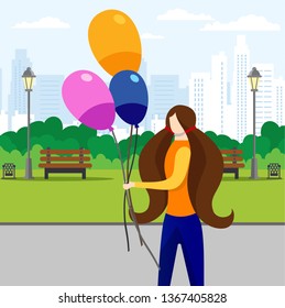 Young Brunette Girl with Long Hair Walking in City Park with Multicolored Bunch of Balloons in Hands. Weekend, Leisure Time. Schoolgirl on Summer Vacation Having Fun. Cartoon Flat Vector Illustration.