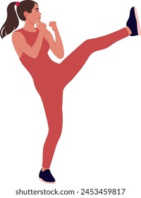 A young brunette girl in a pink costume practicing martial arts