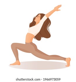 Young brunette girl practices yoga, meditation, dancing, sports, healthy lifestyle at home. Vector illustration of a woman dancer isolated on a white background. Pastel shades