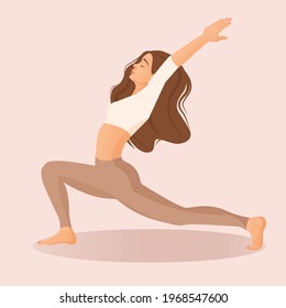 Young brunette girl practices yoga, meditation, dancing, sports, healthy lifestyle at home. Vector illustration of a woman dancer isolated on a pink background. Pastel shades