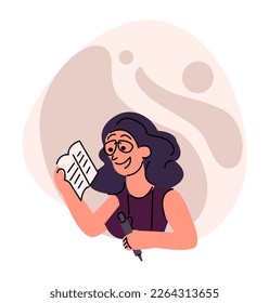 A young brunette girl is reading a book. Vector flat color doodle illustration.