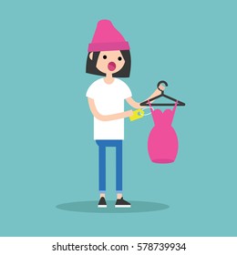 Young brunette girl shocked by a high price / flat editable vector illustration, clip art
